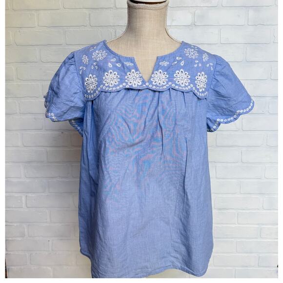 Kim Rogers Women's 100% Cotton Blue White Embroidered Scalloped Top sz M - Picture 1 of 5